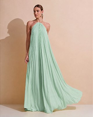 VESTIDO LONGO CREPE DE SEDA FRENTE ÚNICA GOLA C/ ARGOLA METÁLICA COMPRIMENTO PLISSADO VERDE MENTA