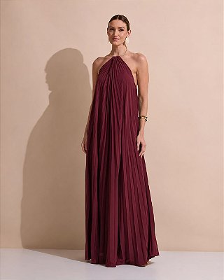 VESTIDO LONGO CREPE DE SEDA FRENTE ÚNICA GOLA C/ ARGOLA METÁLICA COMPRIMENTO PLISSADO MARSALA
