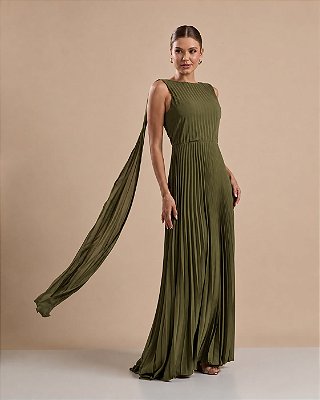 VESTIDO LONGO CHIFFON DECOTE ARREDONDADO MANGA C/ DETALHE CAPA PLISSADO VERDE OLIVA