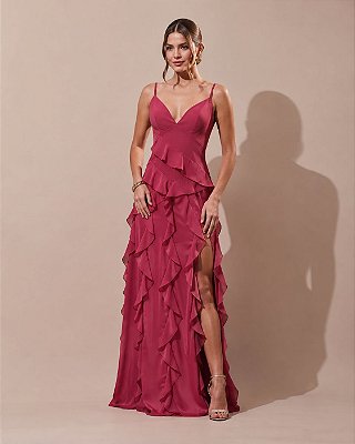 VESTIDO LONGO CREPE DE SEDA ALÇA FINA DECOTE V BUSTO E SAIA C/ BABADOS FUCSIA