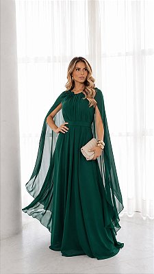 VESTIDO LONGO CREPE DE SEDA GOLA ALTA FRENTE ÚNICA C/ CAPA FLOR REMOVÍVEL VERDE ESMERALDA