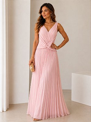 VESTIDO LONGO CHIFFON ALÇA LARGA  BUSTO DRAPEADO C/ DETALHE CINTURA SAIA PLISSADA ROSA BEBÊ