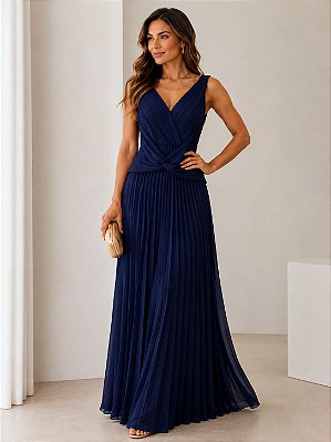 VESTIDO LONGO CHIFFON ALÇA LARGA  BUSTO DRAPEADO C/ DETALHE CINTURA SAIA PLISSADA AZUL MARINHO