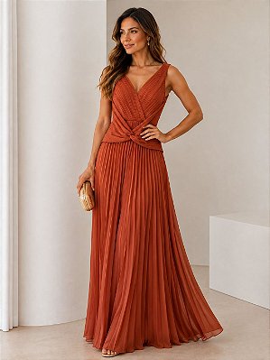 VESTIDO LONGO CHIFFON ALÇA LARGA  BUSTO DRAPEADO C/ DETALHE CINTURA SAIA PLISSADA TERRACOTA