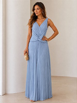 VESTIDO LONGO CHIFFON ALÇA LARGA  BUSTO DRAPEADO C/ DETALHE CINTURA SAIA PLISSADA AZUL SERENITY
