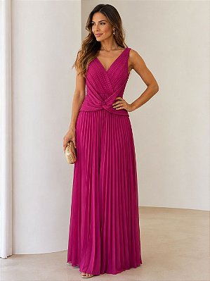 VESTIDO LONGO CHIFFON ALÇA LARGA  BUSTO DRAPEADO C/ DETALHE CINTURA SAIA PLISSADA FUCSIA