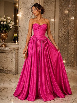 VESTIDO LONGO TAFETA TOMARA QUE CAIA DETALHE BUSTO PINK