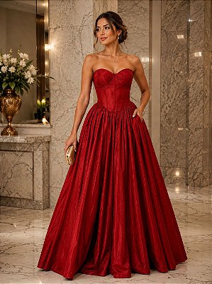 VESTIDO LONGO TAFETA TOMARA QUE CAIA DETALHE BUSTO VERMELHO