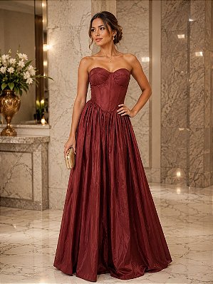 VESTIDO LONGO TAFETA TOMARA QUE CAIA DETALHE BUSTO MARSALA