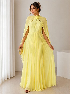 VESTIDO LONGO CHIFFON SAIA PLISSADA GOLA ALTA CAPA AMARELO