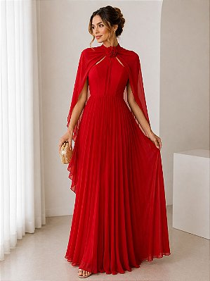 VESTIDO LONGO CHIFFON SAIA PLISSADA GOLA ALTA CAPA VERMELHO