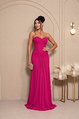 VESTIDO LONGO CHIFFON TOMARA QUE CAIA DETALHE NA CINTURA FUCSIA