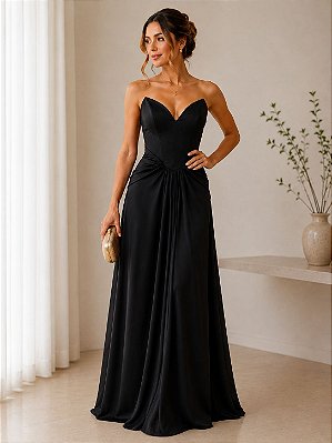 VESTIDO LONGO CHIFFON TOMARA QUE CAIA DETALHE NA CINTURA PRETO