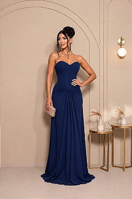 VESTIDO LONGO CHIFFON TOMARA QUE CAIA DETALHE NA CINTURA AZUL MARINHO