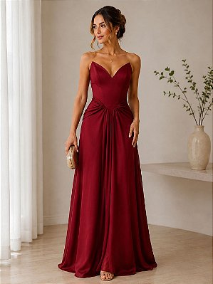 VESTIDO LONGO CHIFFON TOMARA QUE CAIA DETALHE NA CINTURA MARSALA