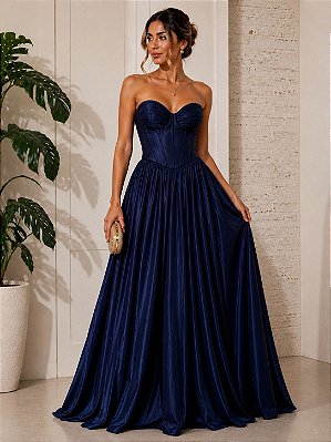 VESTIDO LONGO TAFETA TOMARA QUE CAIA CORPETE CINTURA BAIXA AZUL MARINHO