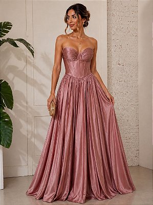 VESTIDO LONGO TAFETA TOMARA QUE CAIA CORPETE CINTURA BAIXA MOCHA MOUSSE