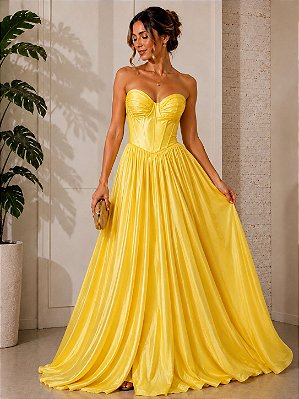 VESTIDO LONGO TAFETA TOMARA QUE CAIA CORPETE CINTURA BAIXA MOCHA AMARELO