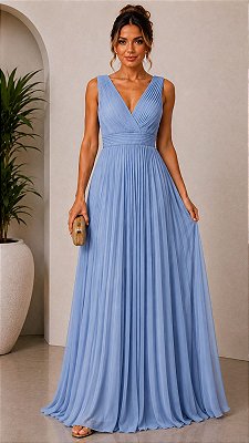 VESTIDO LONGO CHIFFON ALÇA LARGA  DECOTE V BUSTO E COMPRIMENTO PLISSADO AZUL SERENITY
