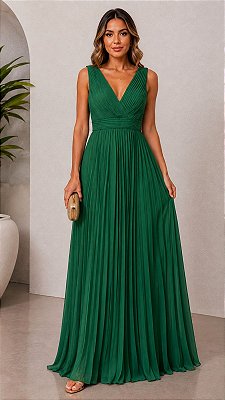 VESTIDO LONGO CHIFFON ALÇA LARGA  DECOTE V BUSTO E COMPRIMENTO PLISSADO VERDE BANDEIRA