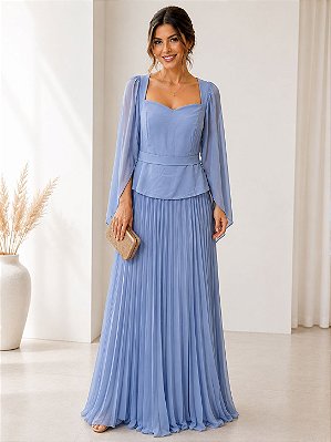VESTIDO LONGO CHIFFON CORPETE VEU SAIA PLISSADA AZUL SERENITY