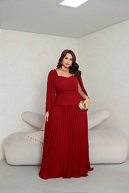 VESTIDO LONGO CHIFFON CORPETE VEU SAIA PLISSADA MARSALA