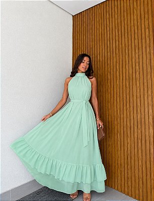 VESTIDO LONGO CHIFON GOLA ALTA  COM BABADO NA BARRA  VERDE MENTA