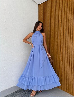 VESTIDO LONGO CHIFON GOLA ALTA  COM BABADO NA BARRA AZUL SERENITY