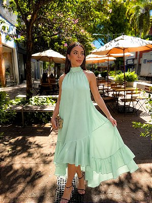 VESTIDO MIDI COM CINTO SAIA EM CAMADAS VERDE MENTA
