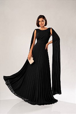 VESTIDO LONGO CHIFFON PLISSADO ACINTURADO COM MANGA CAPA PRETO