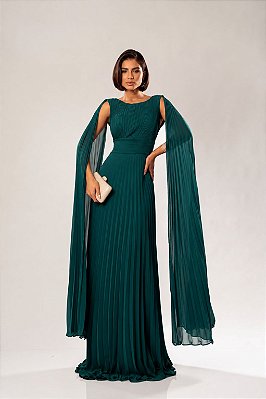 VESTIDO LONGO CHIFFON PLISSADO ACINTURADO COM MANGA CAPA VERDE PETROLEO