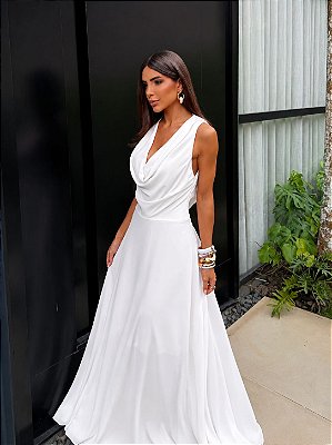 VESTIDO LONGO CHIFFON GOLA BOBA FRENTE E COSTAS BRANCO