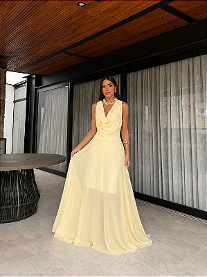 VESTIDO LONGO CHIFFON GOLA BOBA FRENTE E COSTAS AMARELO