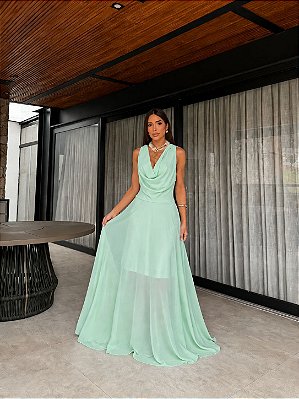 VESTIDO LONGO CHIFFON GOLA BOBA FRENTE E COSTAS VERDE MENTA