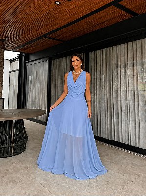 VESTIDO LONGO CHIFFON GOLA BOBA FRENTE E COSTAS AZUL SERENITY