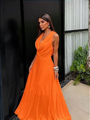 VESTIDO LONGO CHIFFON GOLA BOBA FRENTE E COSTAS LARANJA