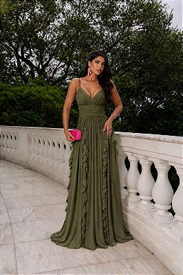 VESTIDO LONGO CHIFFON ALÇA FINA DECOTE V PALA DRAPEADA NO BUSTO COMPRIMENTO PLISSADO C/ BABADOS VERDE OLIVA
