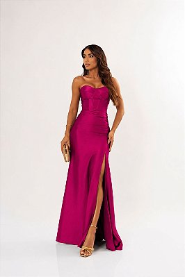 VESTIDO LONGO PRADA COM ELASTANO TOMARA QUE CAIA FENDA LATERAL FUCSIA