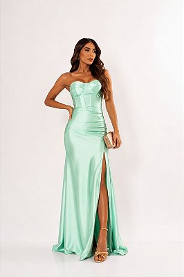 VESTIDO LONGO PRADA COM ELASTANO TOMARA QUE CAIA FENDA LATERAL VERDE MENTA