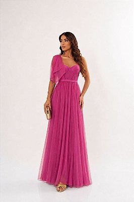 VESTIDO LONGO MICROTULE ALÇA FINA ESTILO CORPETE LAÇO PINK