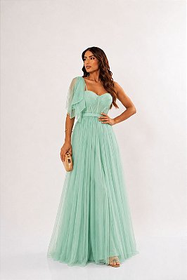 VESTIDO LONGO MICROTULE ALÇA FINA ESTILO CORPETE LAÇO VERDE MENTA