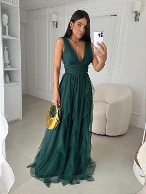 VESTIDO LONGO MICROTULE ALÇA LARGA  SAIA EM CAMADAS VERDE OLIVA