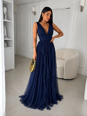 VESTIDO LONGO MICROTULE ALÇA LARGA  SAIA EM CAMADAS AZUL MARINHO