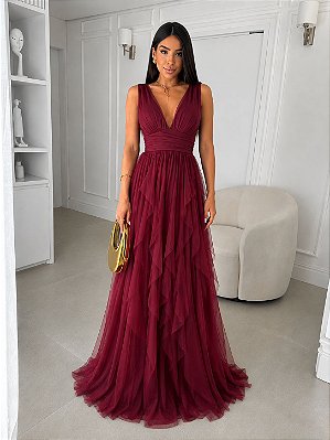 VESTIDO LONGO MICROTULE ALÇA LARGA  SAIA EM CAMADAS MARSALA