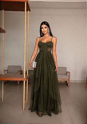 VESTIDO LONGO MICROTULE C/GLITTER ESTILO CORPET DETALHE TRANCINHA CINTURA VERDE OLIVA