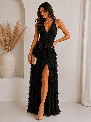 VESTIDO LONGO CREPE DE SEDA FRENTE ÚNICA COM AMARRAÇÃO FENDA LATERAL SAIA BABADOS VERTICAIS PRETO