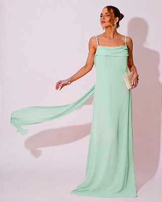 VESTIDO LONGO CREPE DE SEDA DE ALCINHA COM DETALHE DRAPEADO NO BUSTO VERDE MENTA
