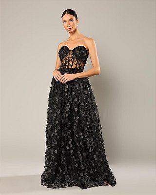 VESTIDO LONGO MICROTULE 3D TOMARA QUE CAIA BUSTO CORSET COMPRIMNETO C/ FLORES PRETO