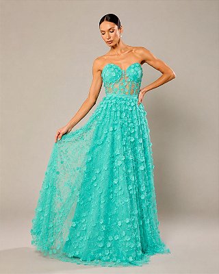 VESTIDO LONGO MICROTULE 3D TOMARA QUE CAIA BUSTO CORSET COMPRIMNETO C/ FLORES AZUL TIFFANY