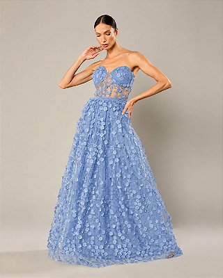 VESTIDO LONGO MICROTULE 3D TOMARA QUE CAIA BUSTO CORSET COMPRIMNETO C/ FLORES AZUL SERENITY